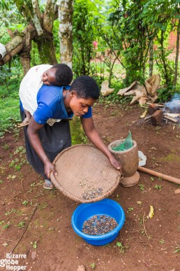 A Batwa woman making coffee in Bwindi Impenetrable Forest National Park, Uganda