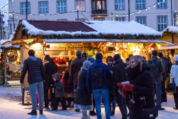 People queing at Christmas market of Tallinn Old town, Estonia