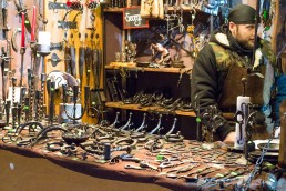 Wrought iron items at the Christmas Market of Tallinn's Old Town, Estonia.