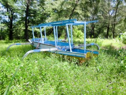 Gili Meno, longtail boat abandoned in the grass