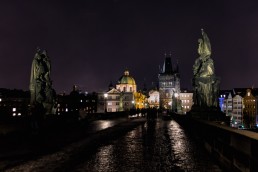 Night on Charles Bridge in Prague, Czech Republic.