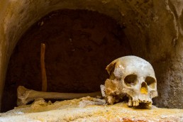 Monk's skull in a medieval funeral crypt in Cartagena, Spain