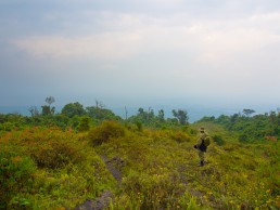 Ranger looking the view towards Virunga National Park during the Nyiragongo volcano trek, Congo DR.