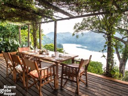 Stunning view towards crater lakes from the terrace of Ndali Lodge, Uganda