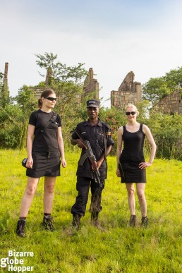 Exploring the ruins of Pakuba Lodge with an armed ranger