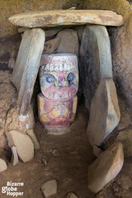 A colorful statue in el Purutal, San Agustin Archeological Park, Colombia.