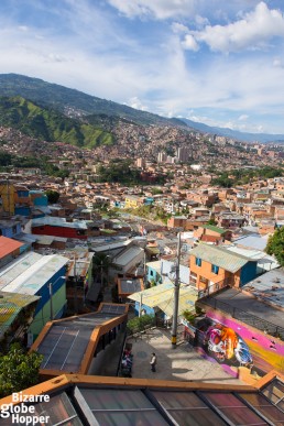 View down towards the escalators of Comuna 13 in Medellín, Colombia