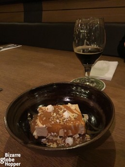 Enjoying espresso cheese cake with Czech stout in Nota Bene, Prague