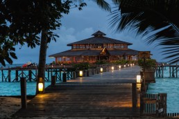 The main building of Lankayan Island Dive Resort in its evening gown