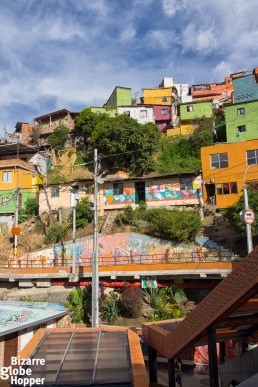 View up the hill of Comuna 13 from the escalators, Medellín