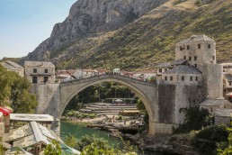 Mostar Old Bridge seen from Stari Grad of Mostar, Bosnia and Hertzegovina