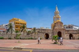 The yellow Clock Tower marks the main entrance to the Old City of Cartagena