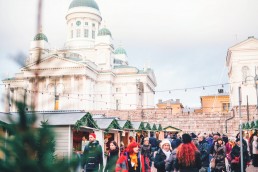 White cathedral overlooking Helsinki Christmas Market