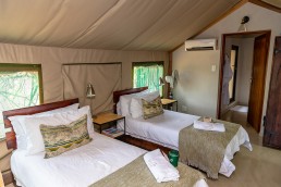 Inside a luxurious safari tent in Sausage Tree Safari Camp in Greater Kruger National Park